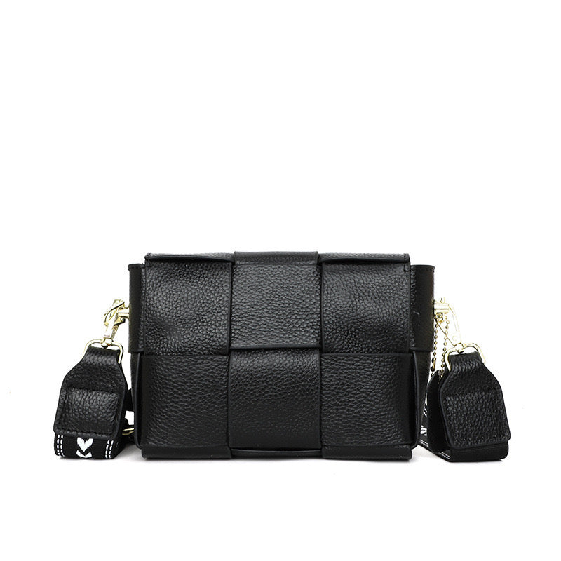 Cross Weave Genuine Leather Foldover Flap Crossbody Bag — Magnetic Clasp Adjustable Strap Style - Black Crossbody Bags