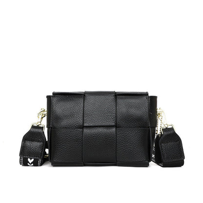 Cross Weave Genuine Leather Foldover Flap Crossbody Bag — Magnetic Clasp Adjustable Strap Style - Black Crossbody Bags