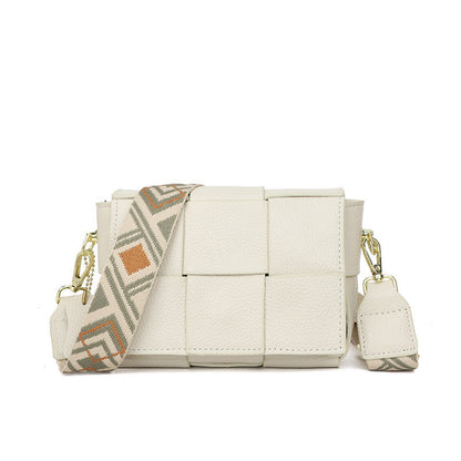 Cross Weave Genuine Leather Foldover Flap Crossbody Bag — Magnetic Clasp Adjustable Strap Style - Bone Crossbody Bags