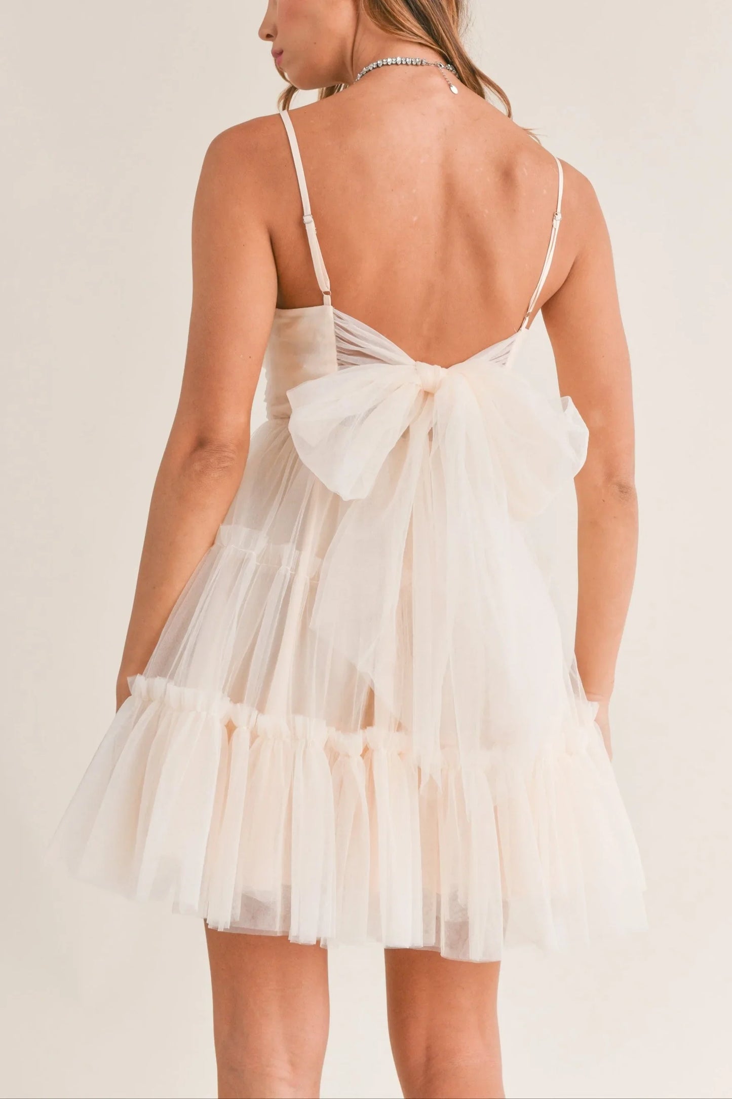 Tulle Mesh Bow Back Ruffle Tier Spaghetti Strap Mini Dress — Ruched Front Playful Feminine Style - Mini Dresses