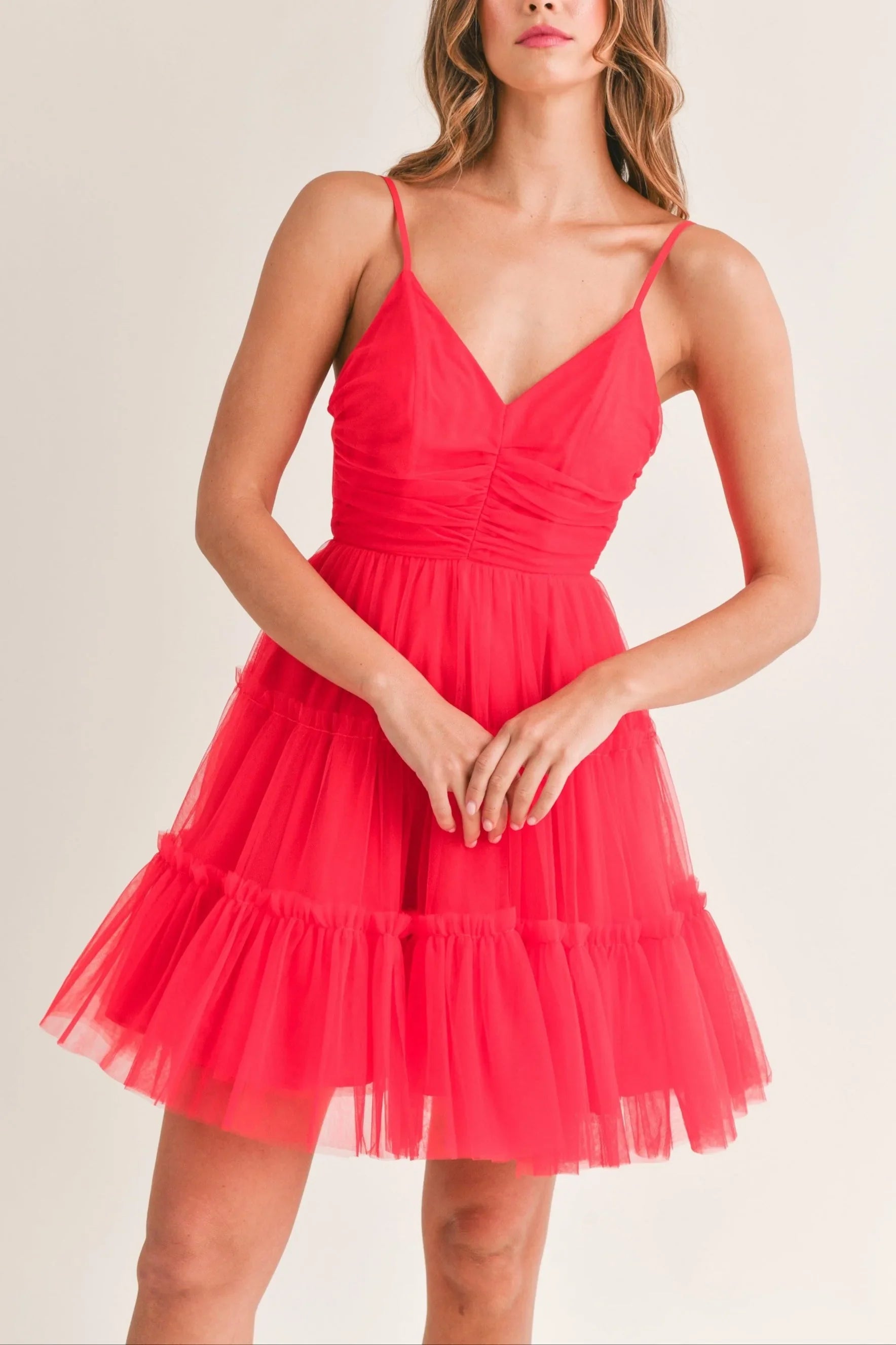 Tulle Mesh Bow Back Ruffle Tier Spaghetti Strap Mini Dress — Ruched Front Playful Feminine Style - Red Mini Dresses