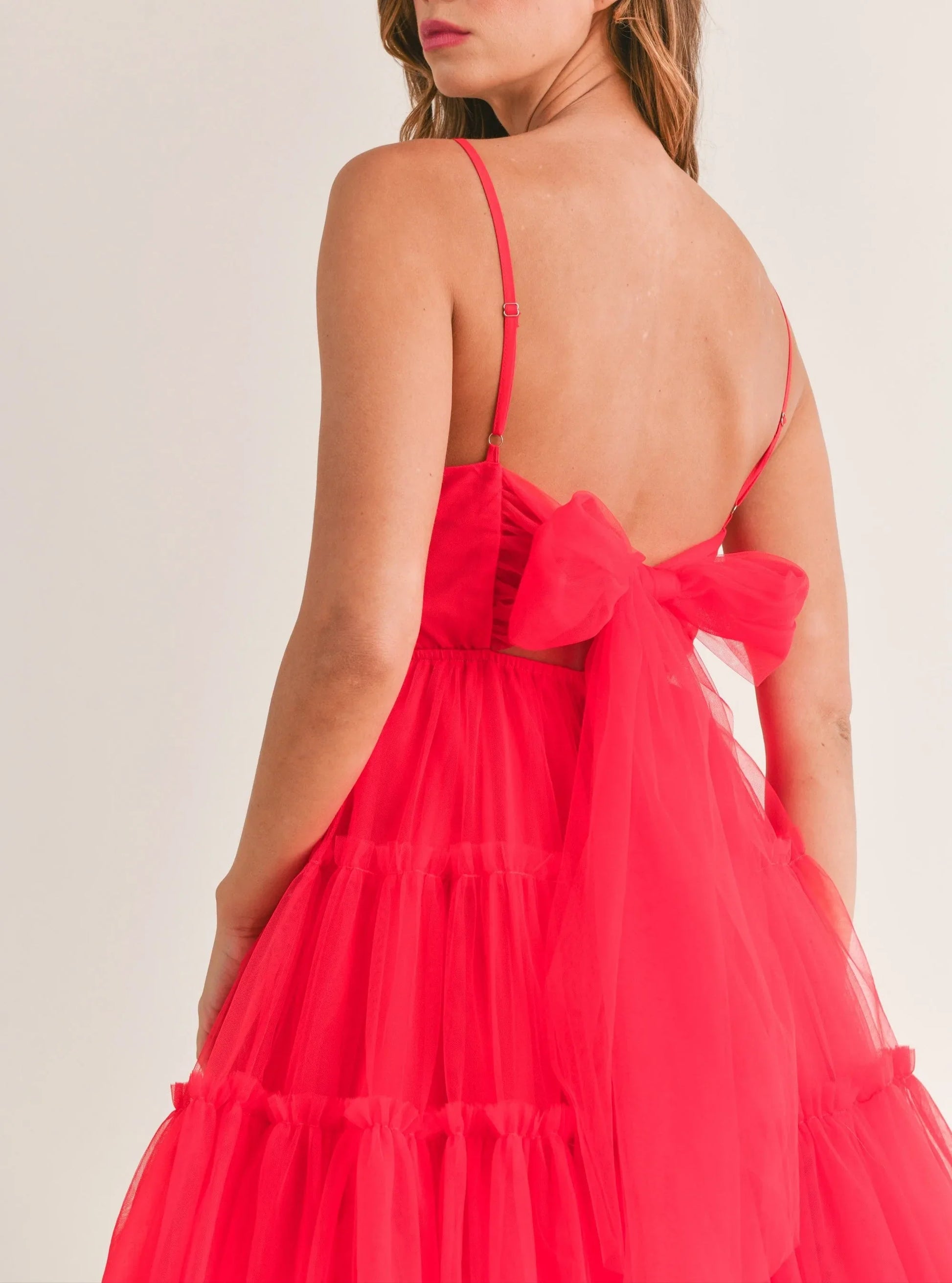 Tulle Mesh Bow Back Ruffle Tier Spaghetti Strap Mini Dress — Ruched Front Playful Feminine Style - Mini Dresses