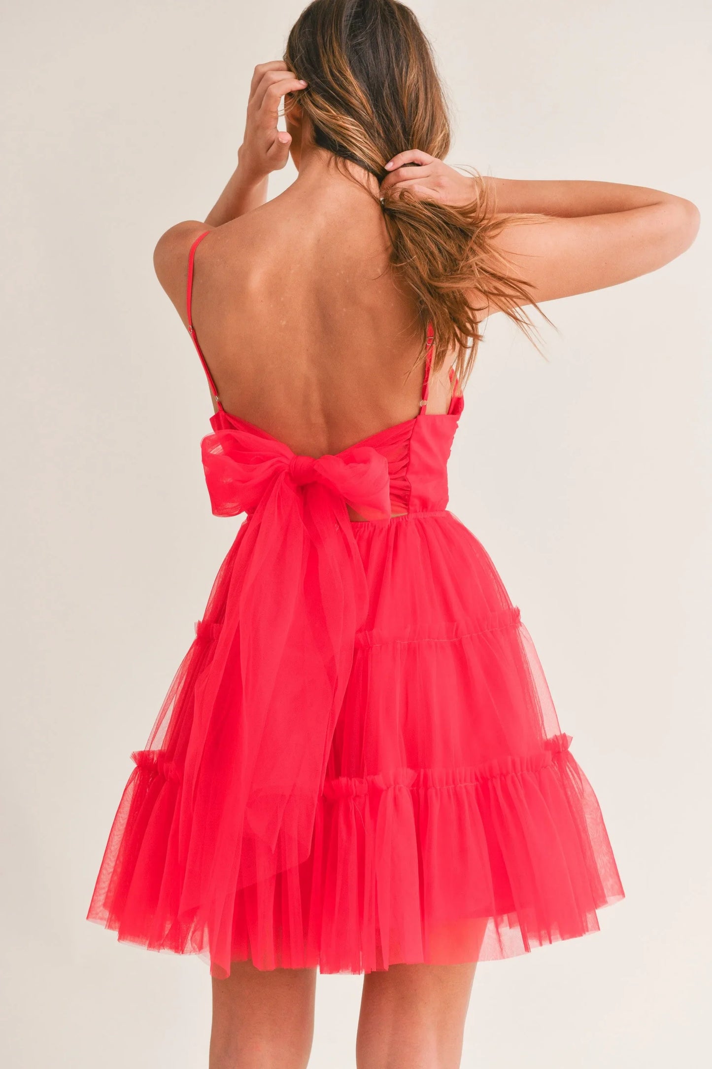 Tulle Mesh Bow Back Ruffle Tier Spaghetti Strap Mini Dress — Ruched Front Playful Feminine Style - Mini Dresses