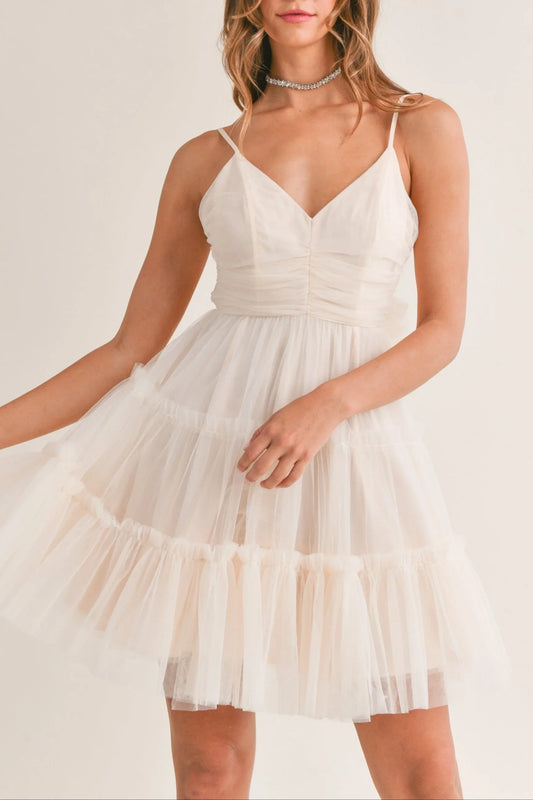 Tulle Mesh Bow Back Ruffle Tier Spaghetti Strap Mini Dress — Ruched Front Playful Feminine Style - Cream Mini Dresses