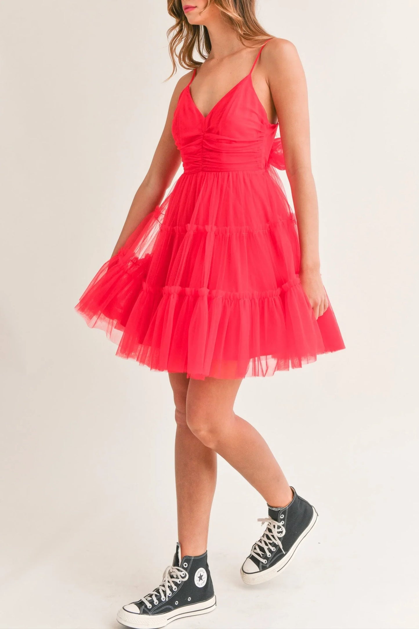 Tulle Mesh Bow Back Ruffle Tier Spaghetti Strap Mini Dress — Ruched Front Playful Feminine Style - Mini Dresses