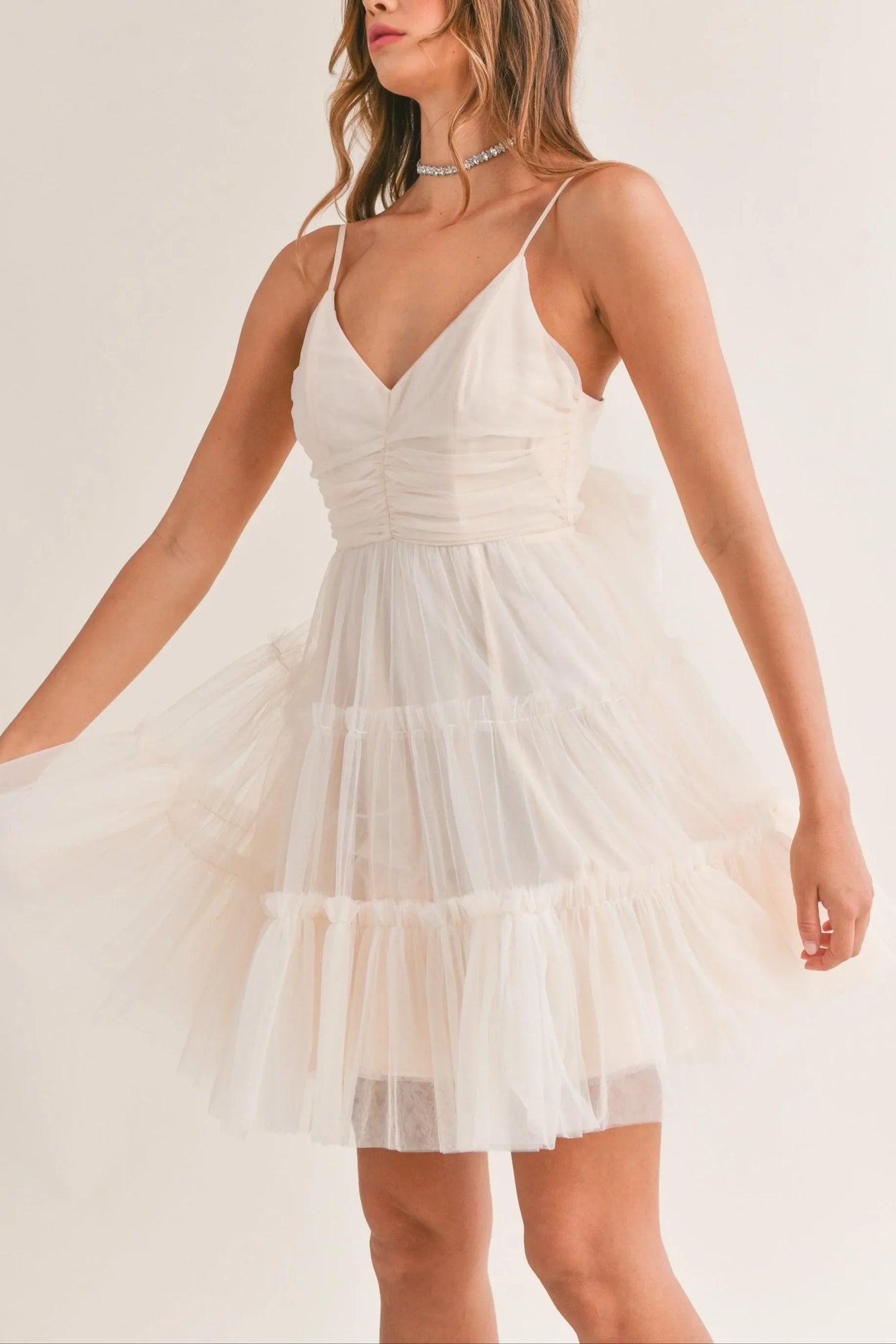 Tulle Mesh Bow Back Ruffle Tier Spaghetti Strap Mini Dress — Ruched Front Playful Feminine Style - Mini Dresses