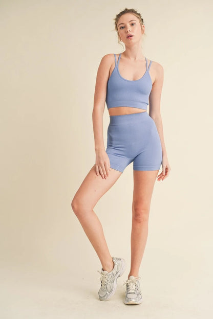 Seamless Tank Top And Shorts Set - Blue Activewear