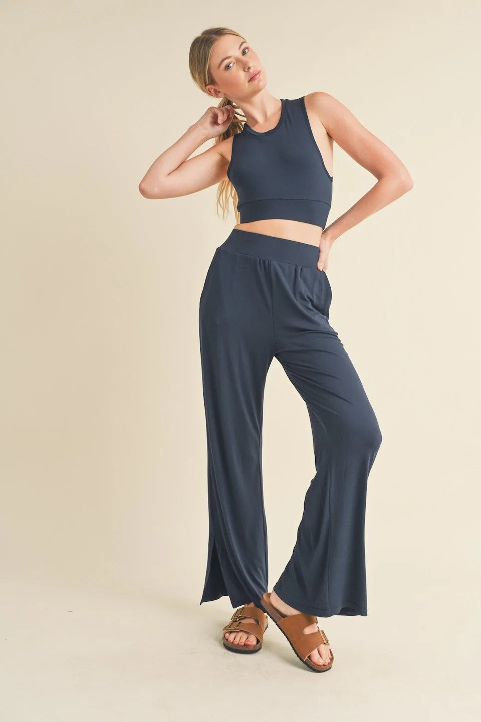 Lounge Tank Top & Wide Leg Set - Navy Activewear
