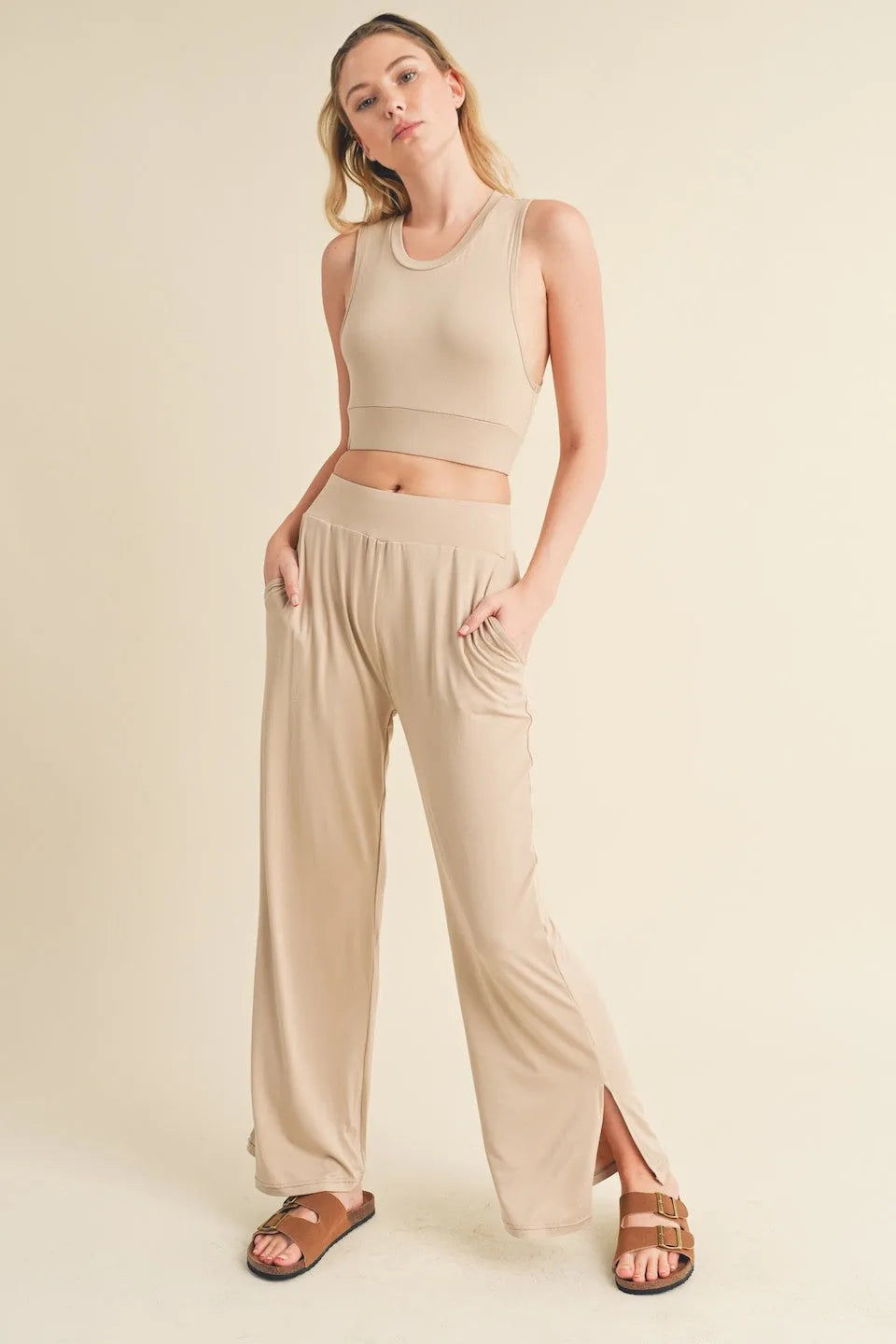 Lounge Tank Top & Wide Leg Set - Taupe Activewear
