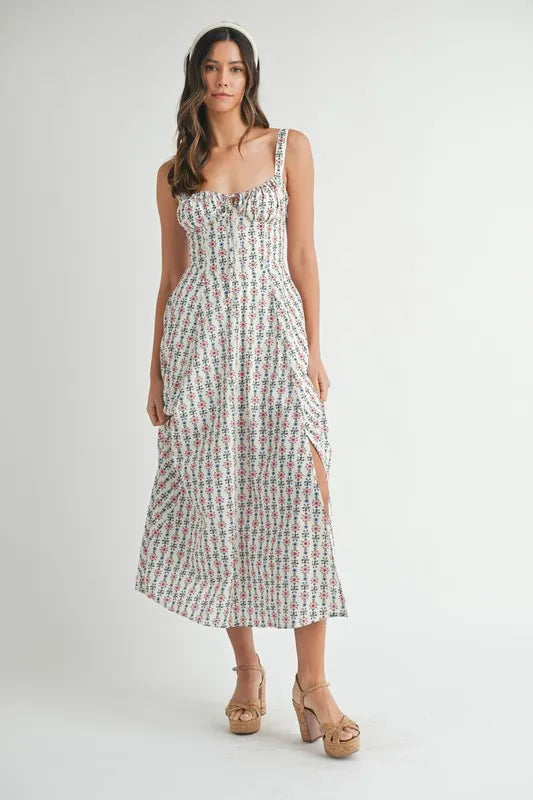 Floral Print Bustier Back Lace Up Midi Dress – CREAM outfit idea for women | Ro + Ivy