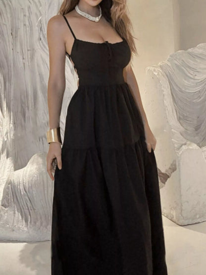 Lace Up Back Maxi Cami Tiered Dress - Maxi Dresses