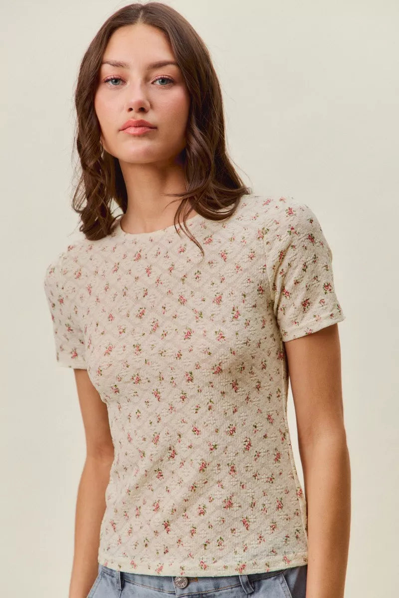 Floral Lace Short Sleeve Layering Knit Top — Romantic Soft Inner Layer Everyday Style - Cream Red Knit Tops