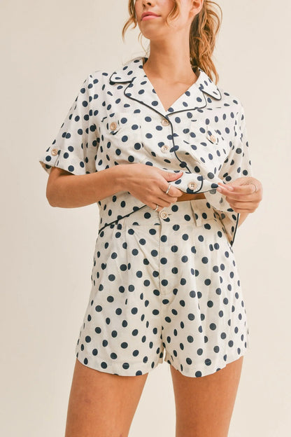 Polka Dot Button-Down Short Sleeve Top & Shorts Matching Set — Comfortable Stylish Two-Piece Style - Outfit Sets
