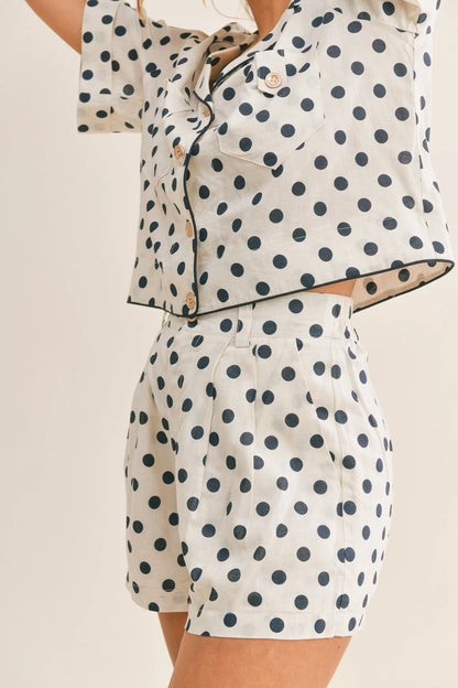 Polka Dot Button-Down Short Sleeve Top & Shorts Matching Set — Comfortable Stylish Two-Piece Style - Outfit Sets