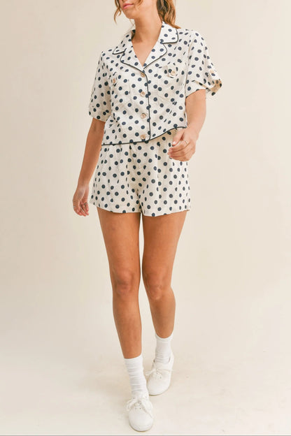 Polka Dot Button-Down Short Sleeve Top & Shorts Matching Set — Comfortable Stylish Two-Piece Style - Navy Outfit Sets