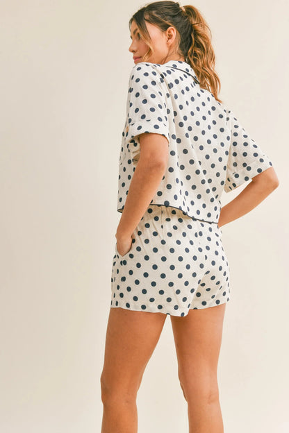 Polka Dot Button-Down Short Sleeve Top & Shorts Matching Set — Comfortable Stylish Two-Piece Style - Outfit Sets