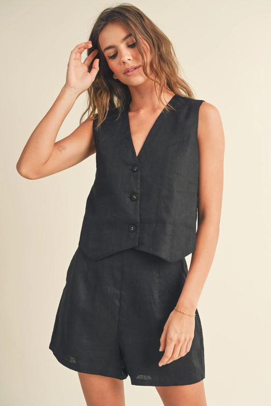 Linen Summer Vest — 100% Linen Sophisticated Warm-Weather Lightweight Layering Style - Black Knit Vests