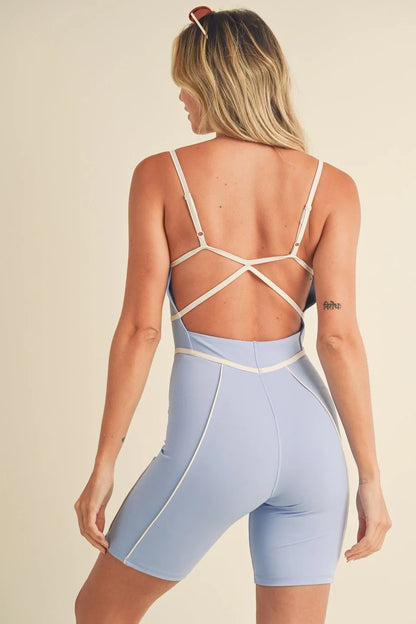 V-Cut Sweetheart Neckline Trim Detail Active Romper — Flattering Strappy Back Sporty Style - Rompers