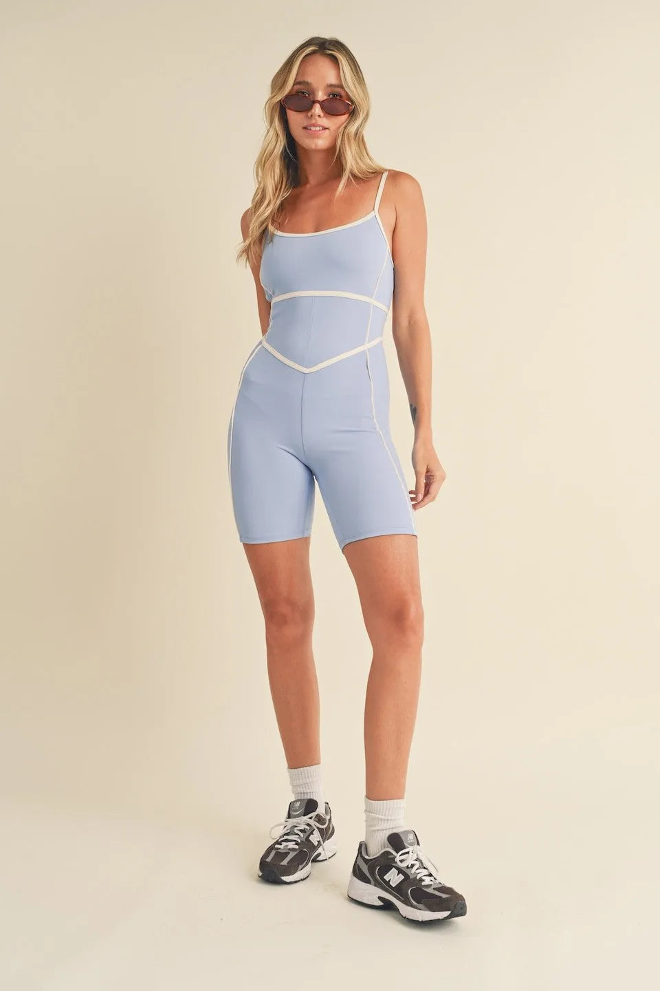 V-Cut Sweetheart Neckline Trim Detail Active Romper — Flattering Strappy Back Sporty Style - Rompers