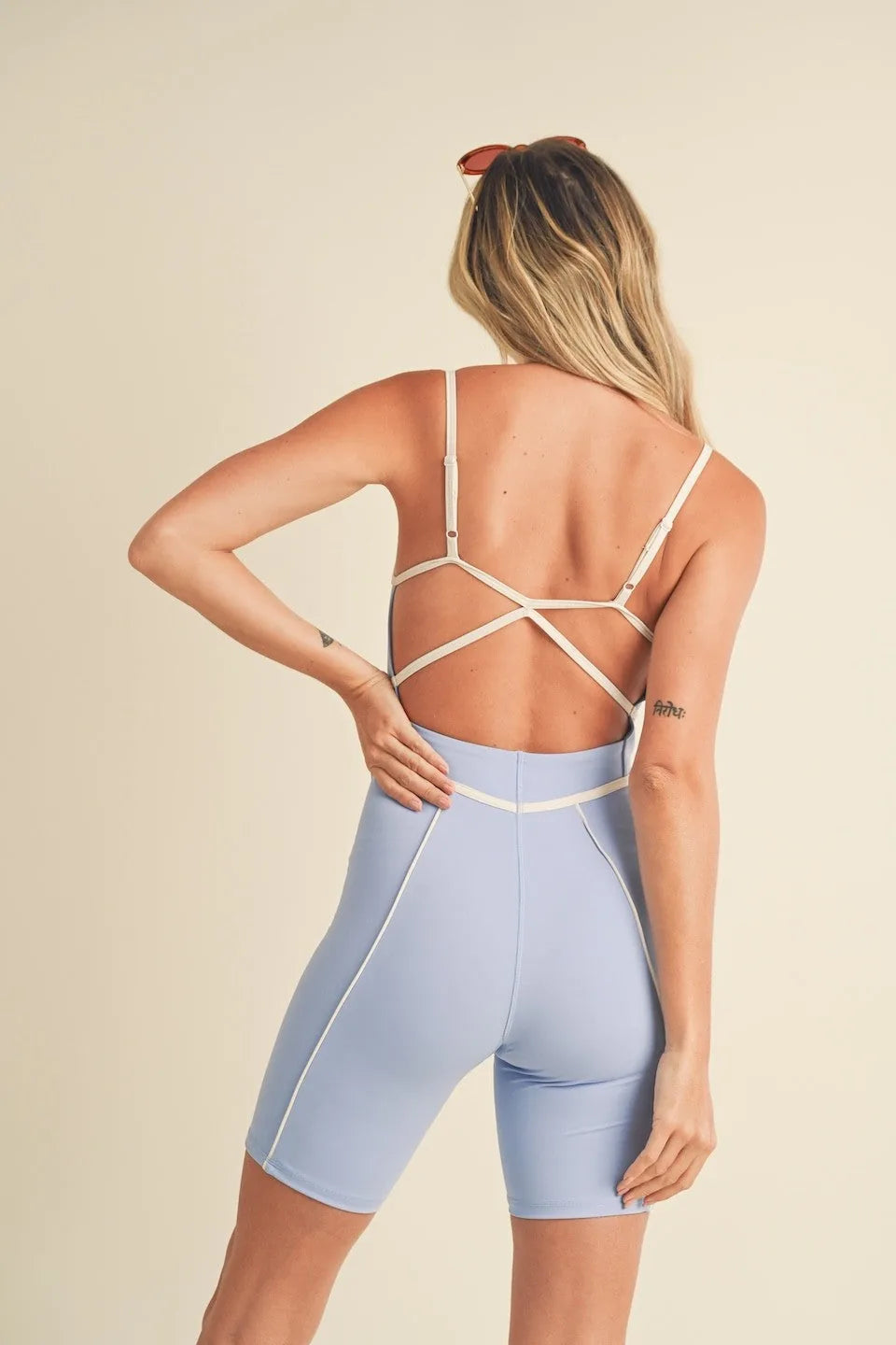 V-Cut Sweetheart Neckline Trim Detail Active Romper — Flattering Strappy Back Sporty Style - Rompers
