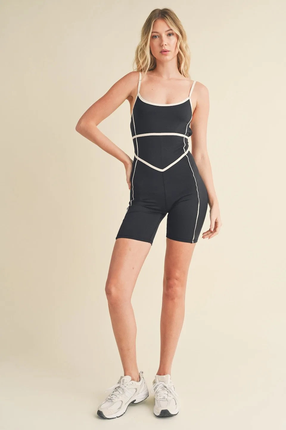V-Cut Sweetheart Neckline Trim Detail Strappy Back Active Romper — Flattering Sporty Black Style - Activewear