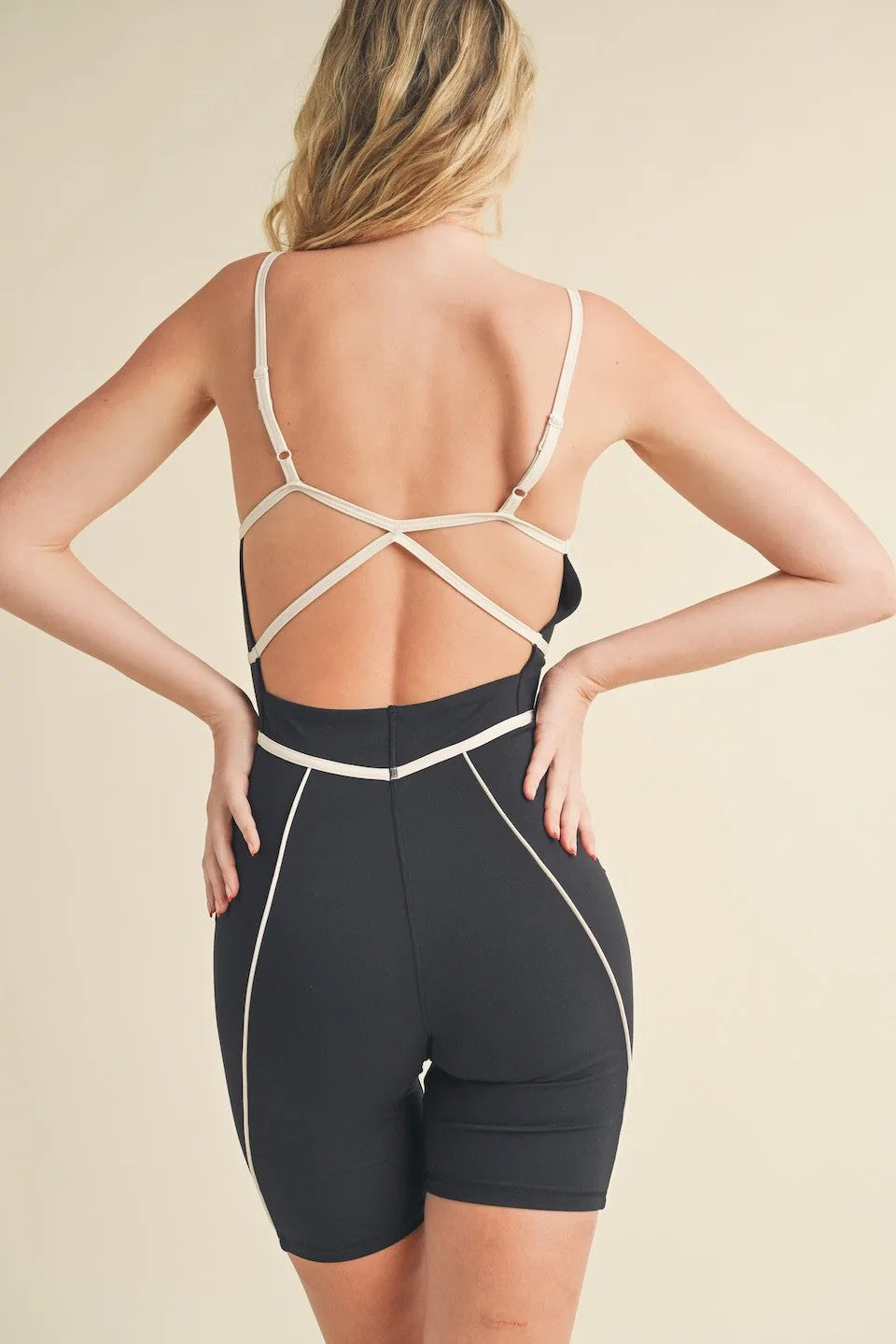 V-Cut Sweetheart Neckline Trim Detail Strappy Back Active Romper — Flattering Sporty Black Style - Activewear