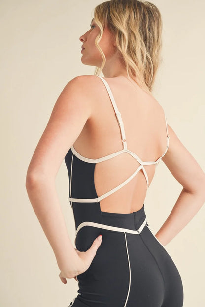 V-Cut Sweetheart Neckline Trim Detail Strappy Back Active Romper — Flattering Sporty Black Style - Activewear