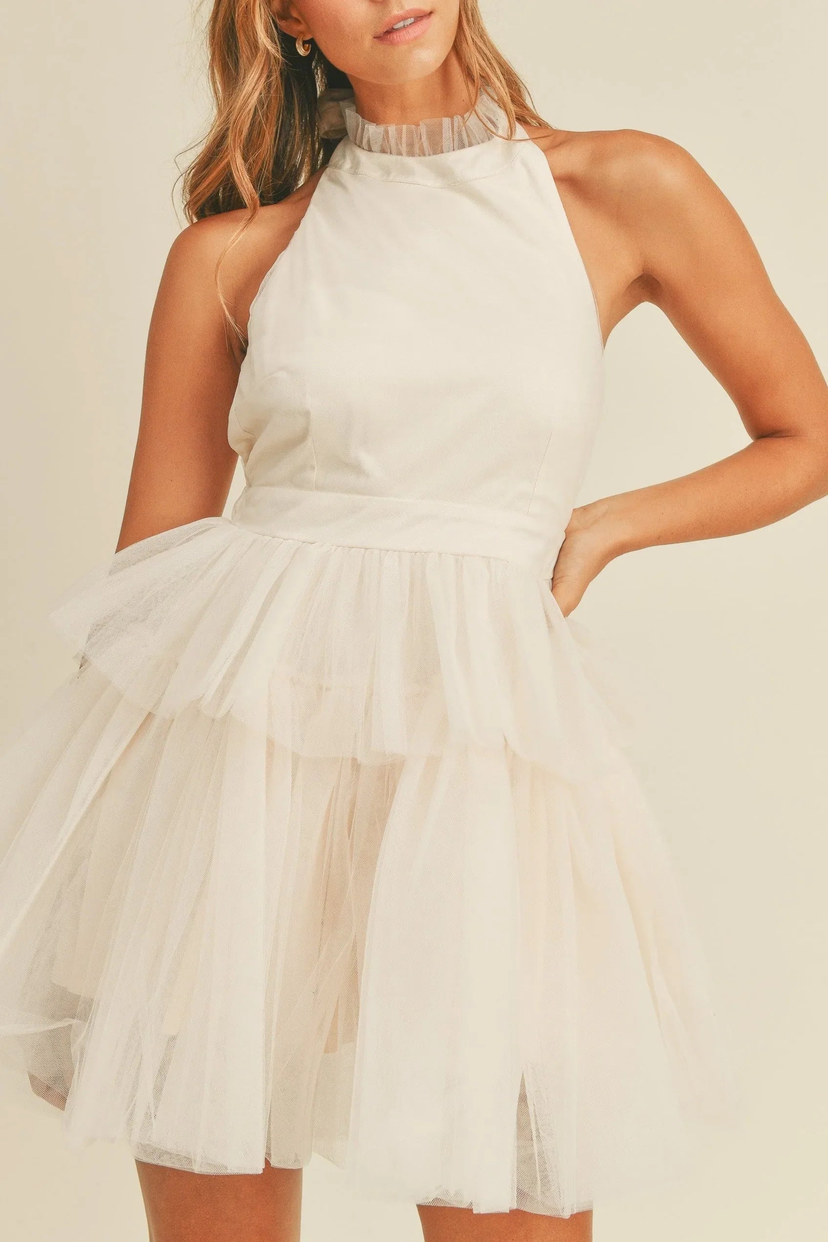 Halter Neck Tulle Mesh Mini Dress — Playful Feminine Lined Special Occasion Style - Mini Dresses