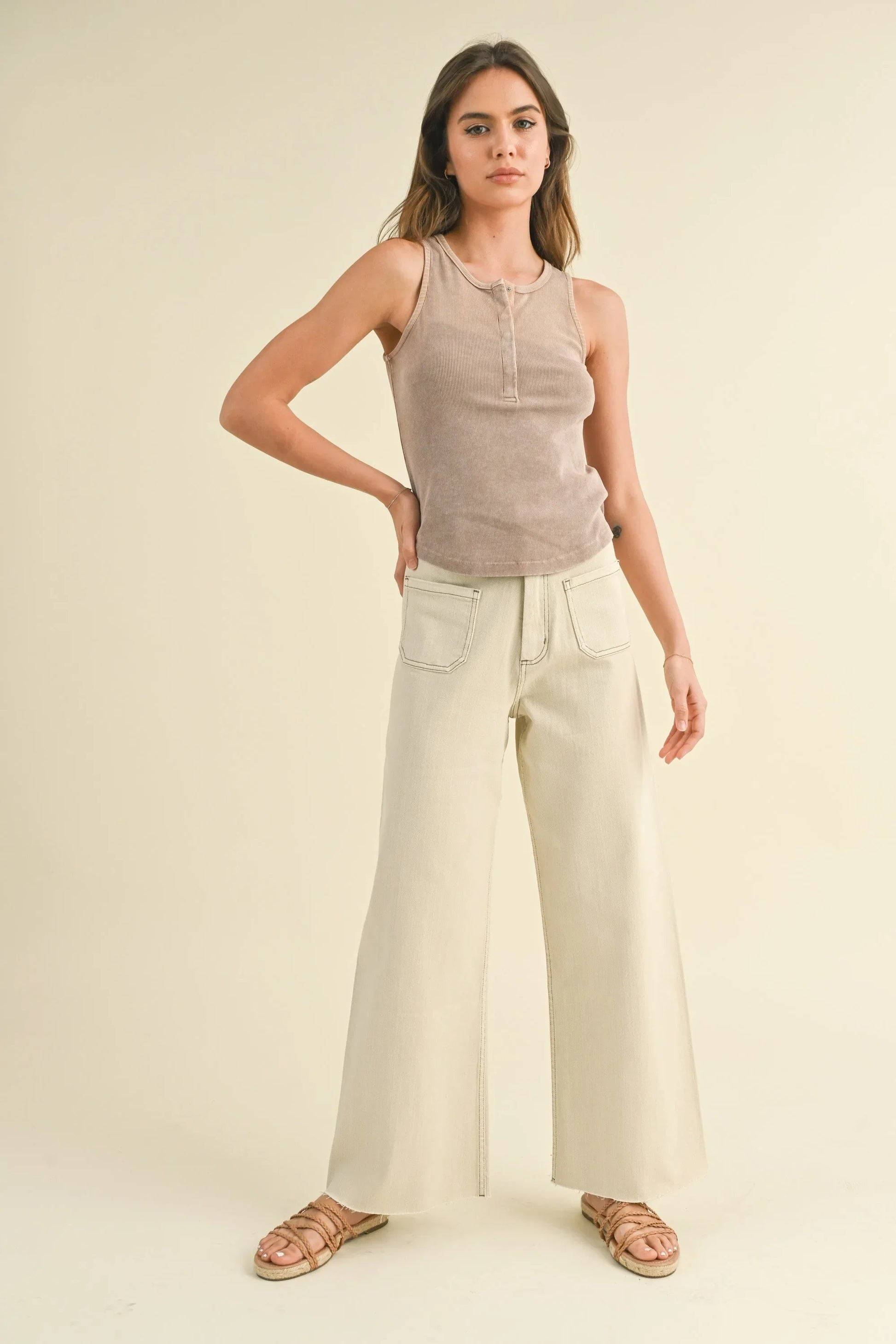 Front Pocket Wide Leg Pants — Stylish Functional Washed Denim Flattering Everyday Style - Washed Beige Pants