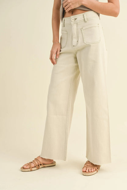 Front Pocket Wide Leg Pants — Stylish Functional Washed Denim Flattering Everyday Style - Pants