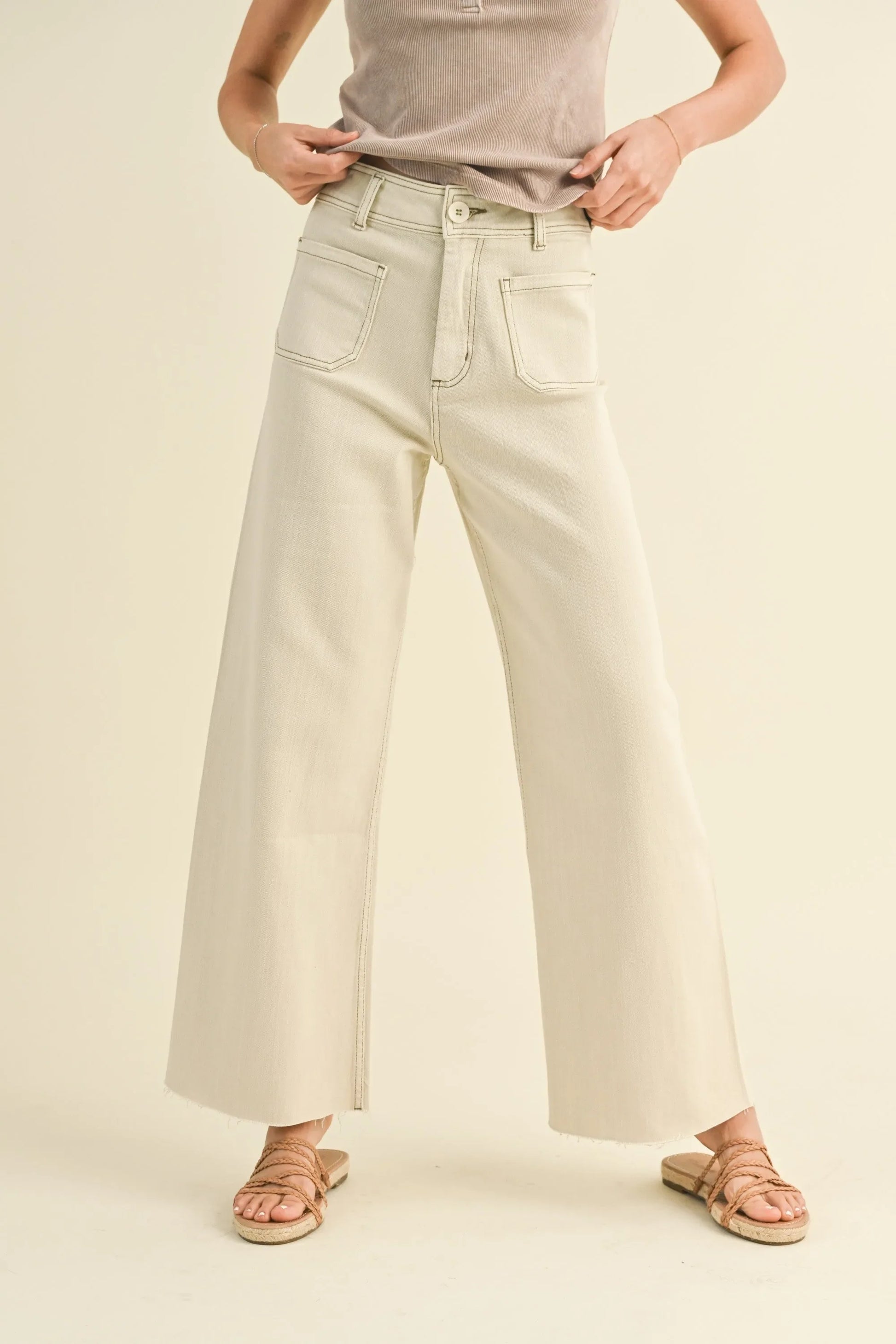 Front Pocket Wide Leg Pants — Stylish Functional Washed Denim Flattering Everyday Style - Pants