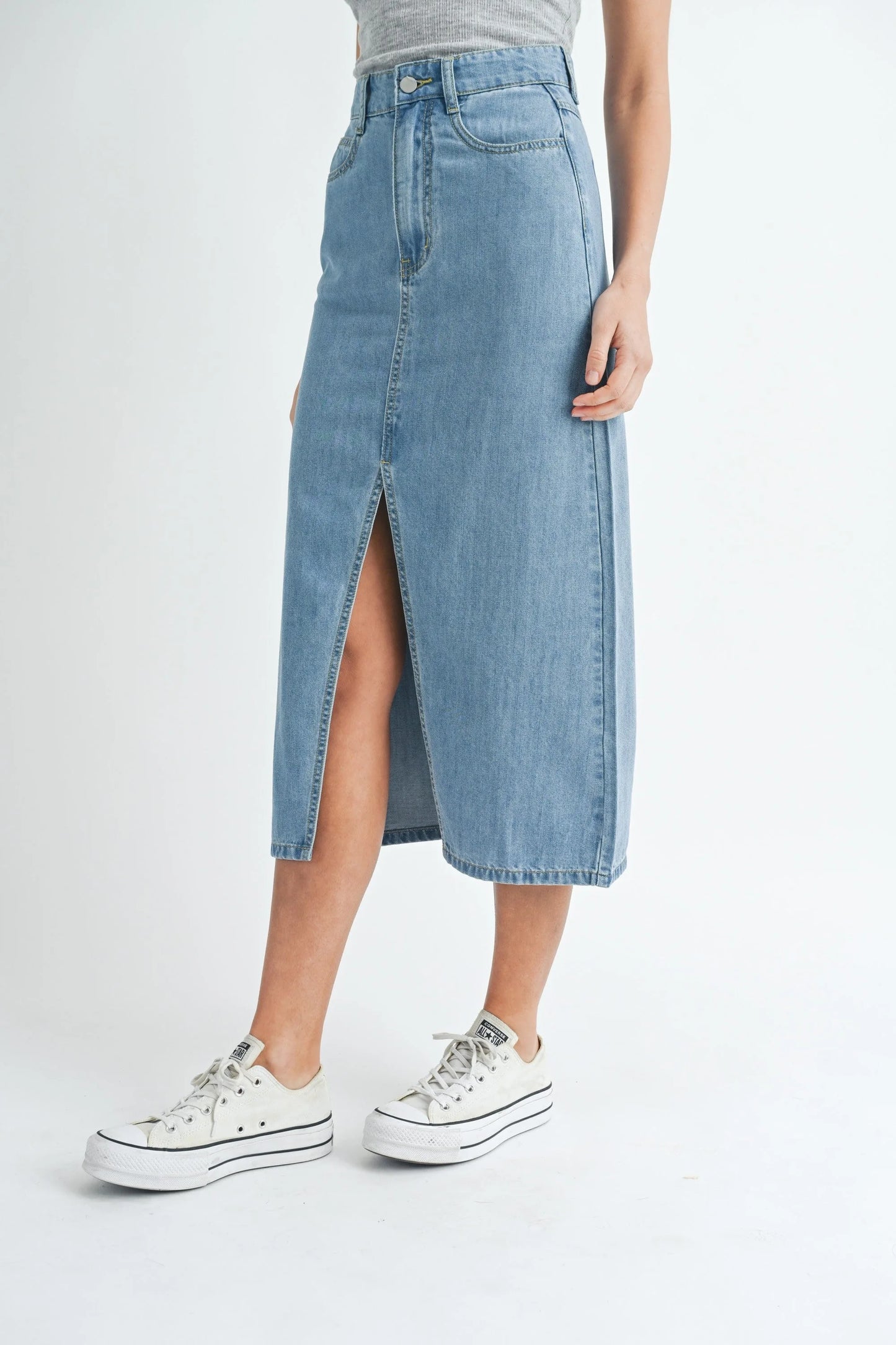 Front Slit Midi Denim Skirt