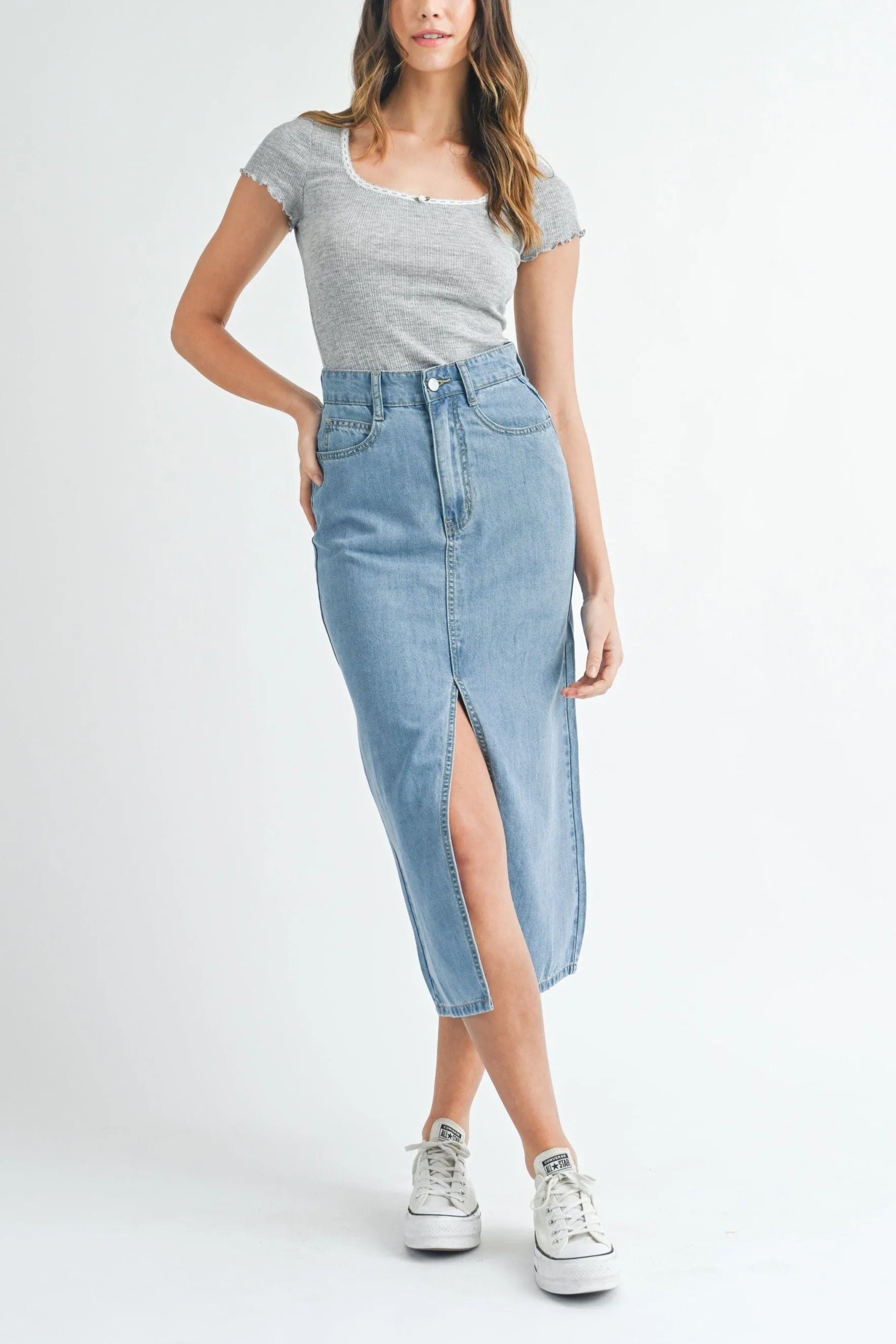 Front Slit Midi Denim Skirt