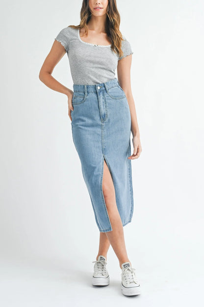 Front Slit Midi Denim Skirt