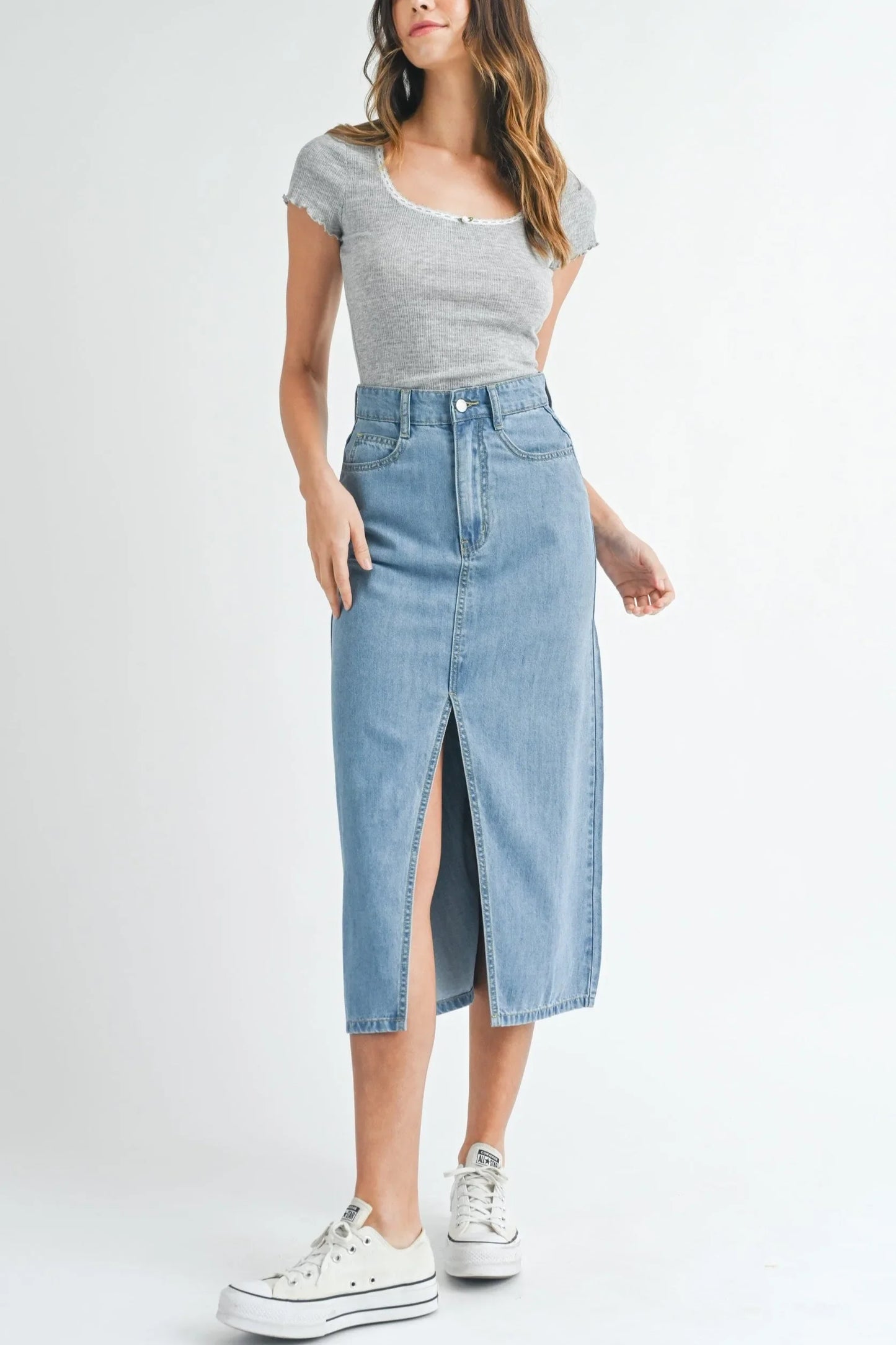 Front Slit Midi Denim Skirt Denim