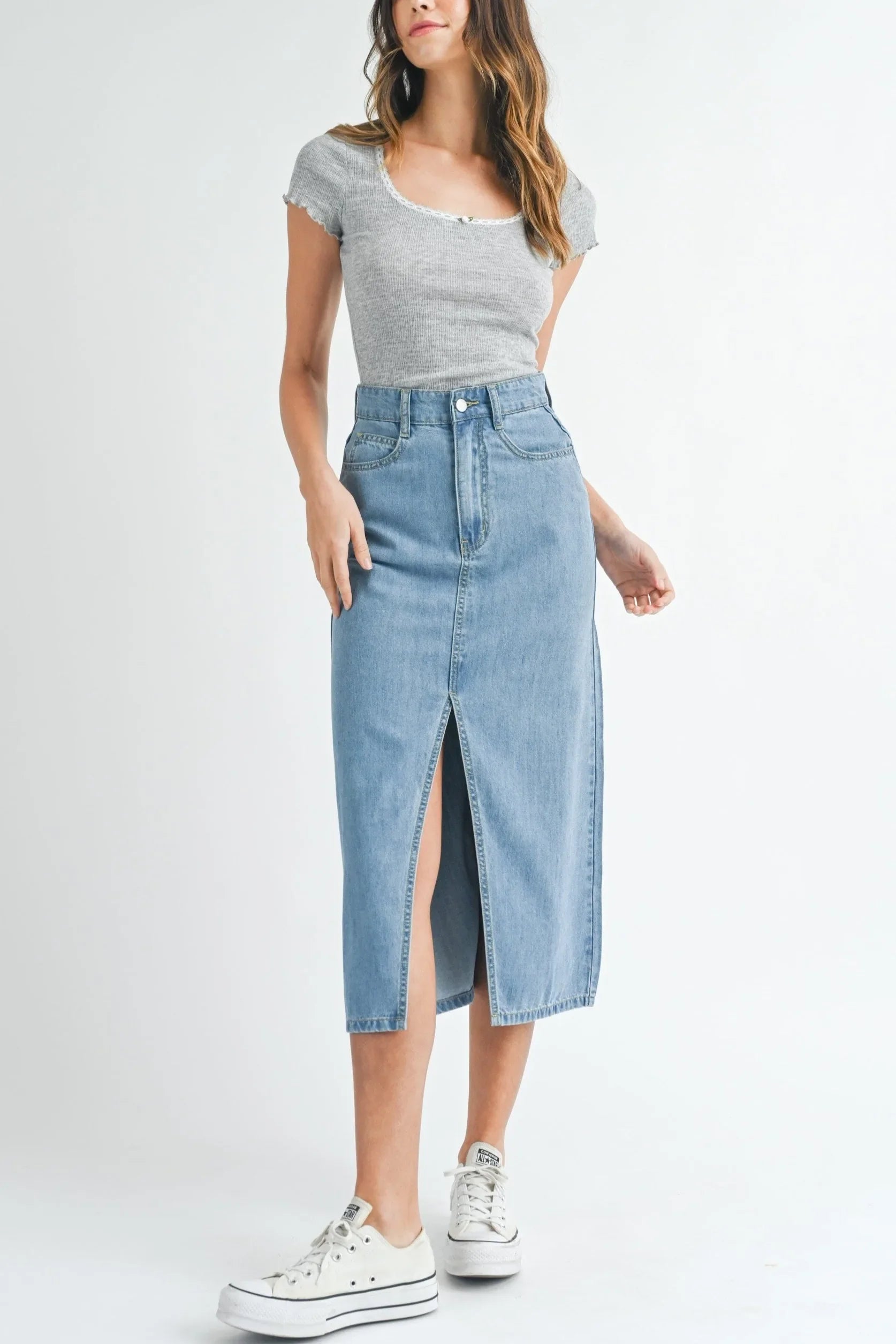 Front Slit Midi Denim Skirt Denim