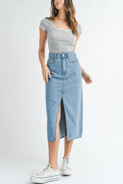 Front Slit Midi Denim Skirt Denim