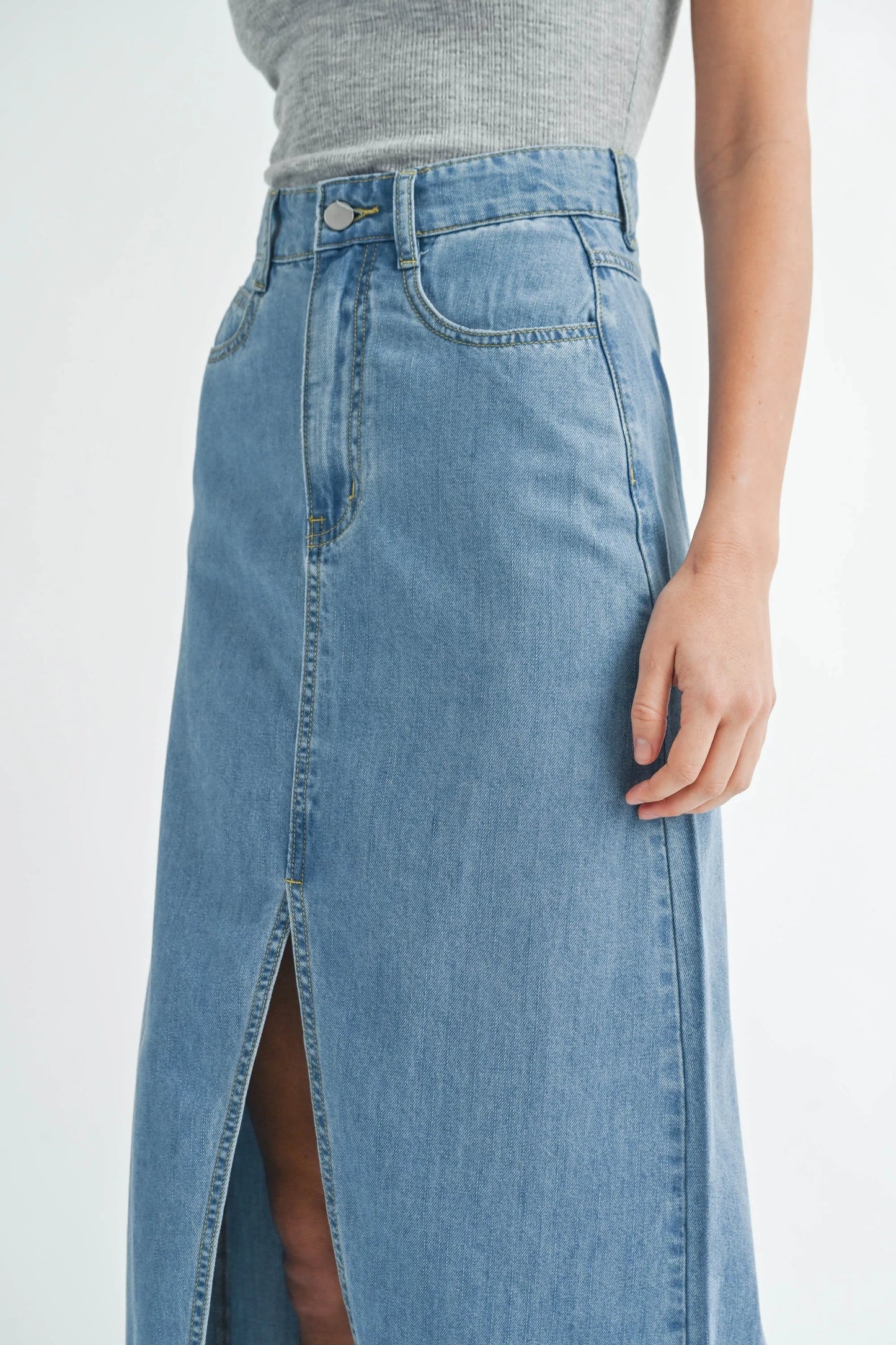 Front Slit Midi Denim Skirt