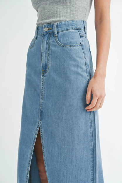 Front Slit Midi Denim Skirt