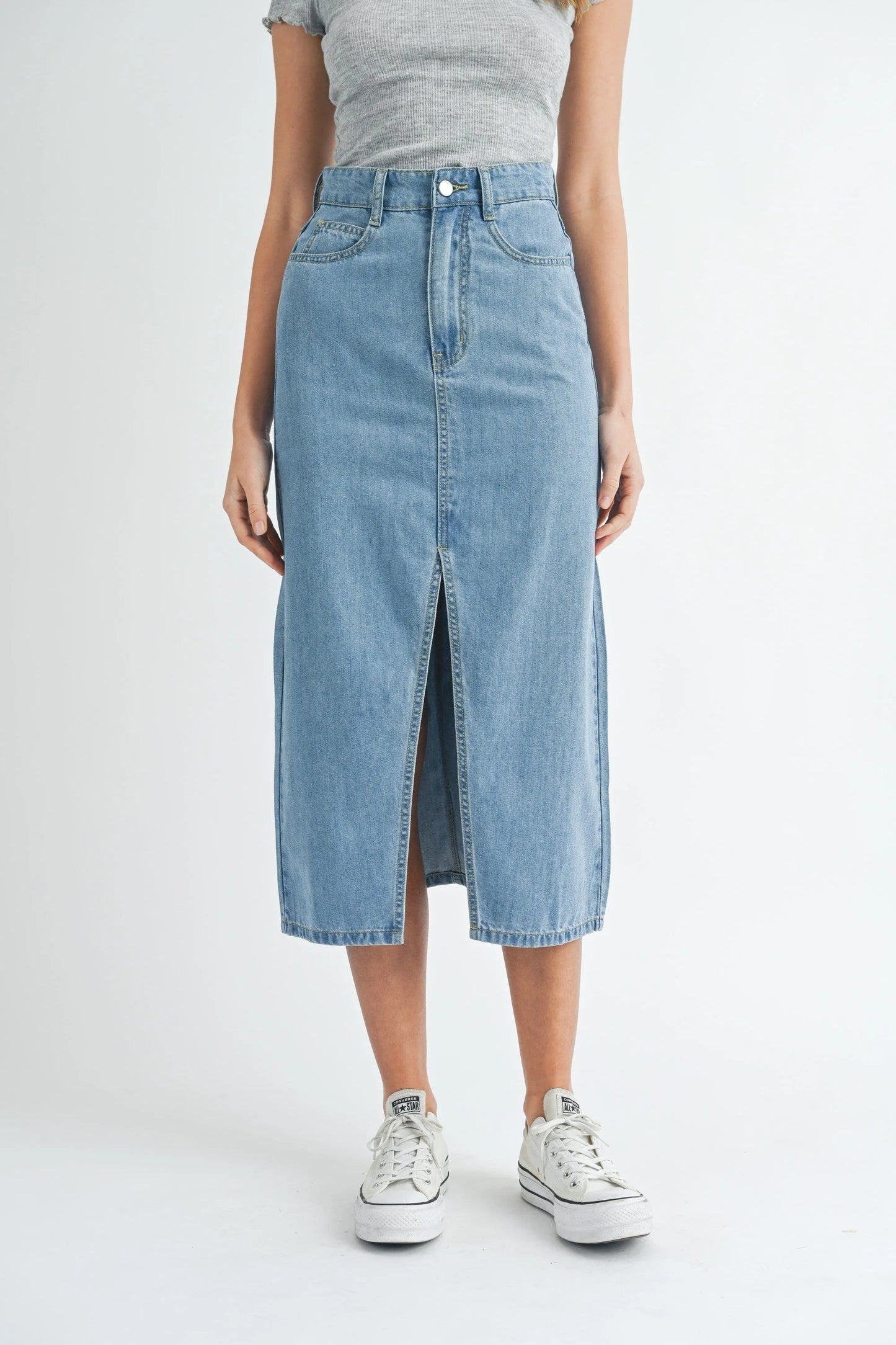 Front Slit Midi Denim Skirt