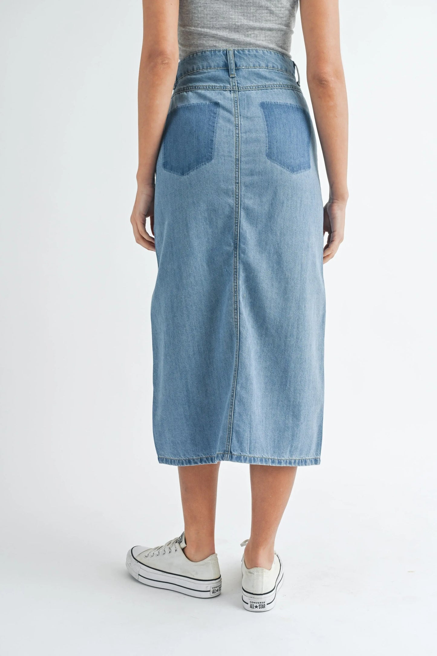 Front Slit Midi Denim Skirt