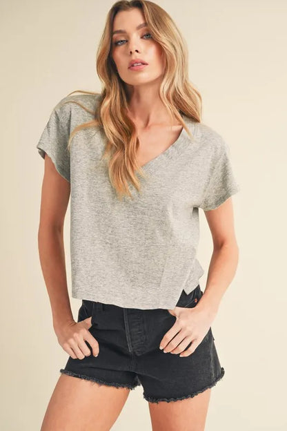 Light Gray V-Neck Short Sleeve Cropped T-Shirt | Trendy T-Shirts Outfit Idea for Women by Ro + Ivy | Elevated Basics, Modern Comfort & Style