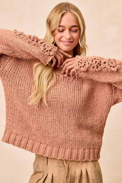 Knit V Neck Sweater with Flower Detailed Sleeves | Trendy Sweaters Outfit Idea for Women by Ro + Ivy | Elevated Basics, Modern Comfort & Style
