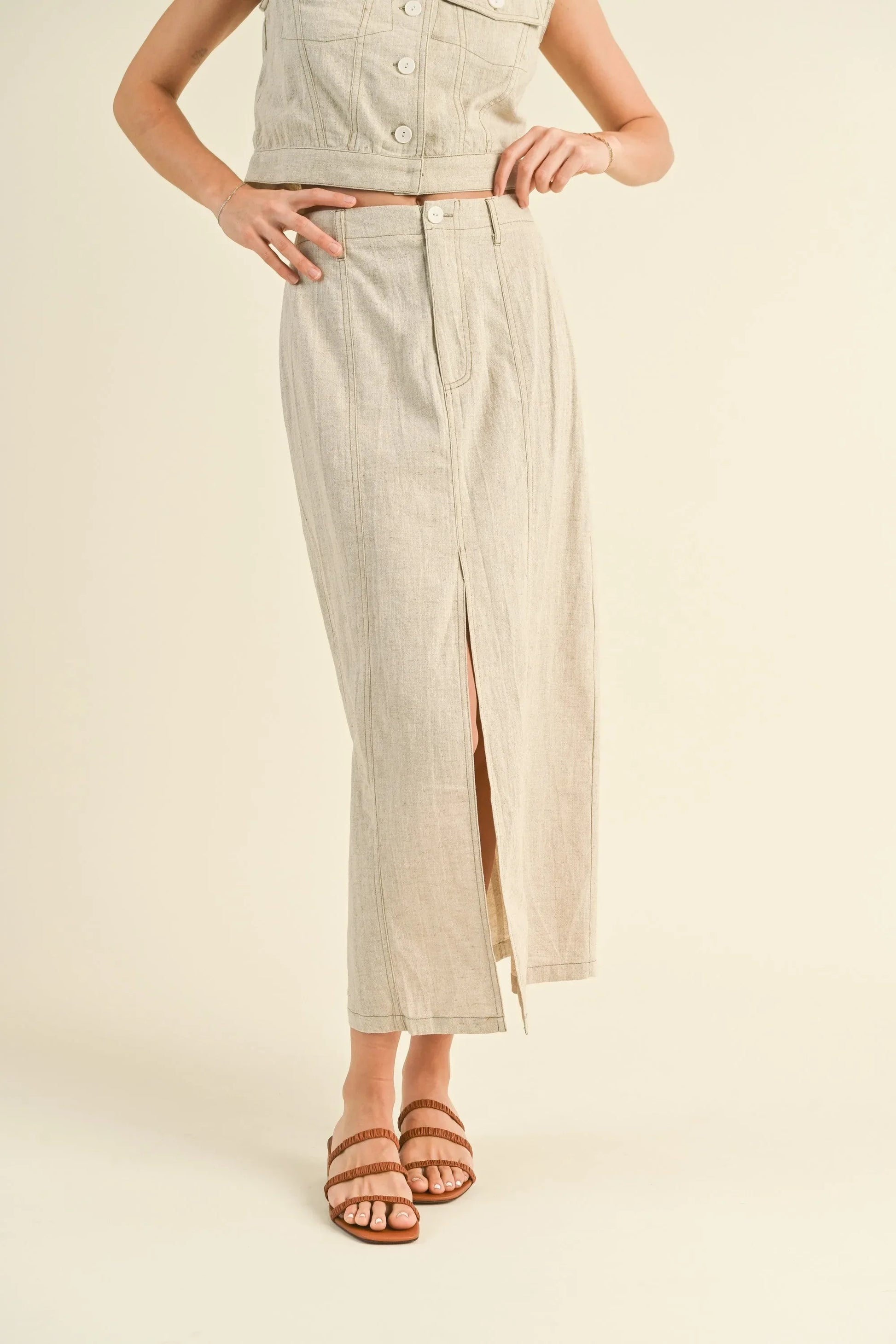 Premium Linen Front Slit Maxi Skirt — Comfort Style Sophisticated Everyday Wardrobe Essential - Oatmeal Skirts