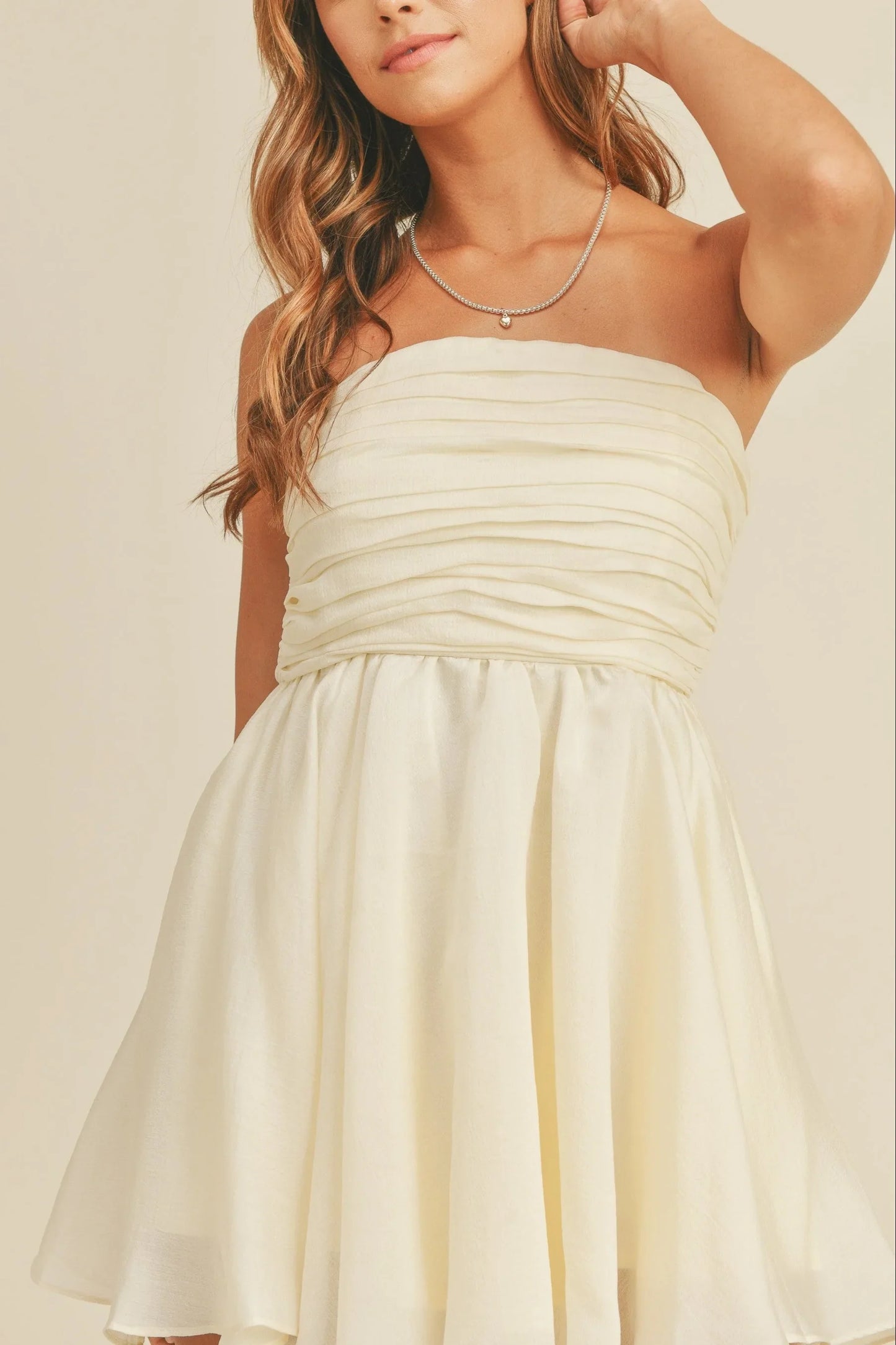 Strapless Gathered Ruched Pleated Bust Babydoll Mini Dress — Flattering Back Zip Versatile Style - Mini Dresses