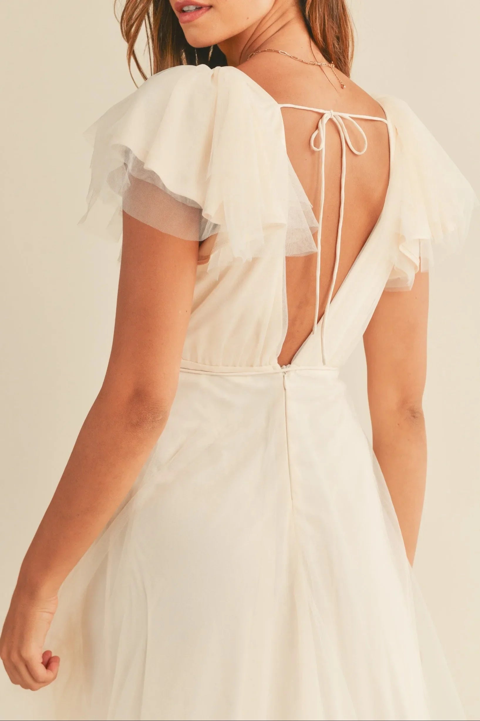 Tulle V-Neck Ruffle Flutter Sleeve Midi Dress — Playful Elegant Feminine Charming Style - Midi Dresses