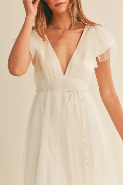 Tulle V-Neck Ruffle Flutter Sleeve Midi Dress — Playful Elegant Feminine Charming Style - Midi Dresses