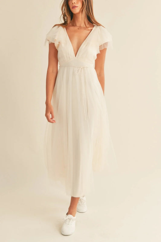 Tulle V-Neck Ruffle Flutter Sleeve Midi Dress — Playful Elegant Feminine Charming Style - Cream Midi Dresses