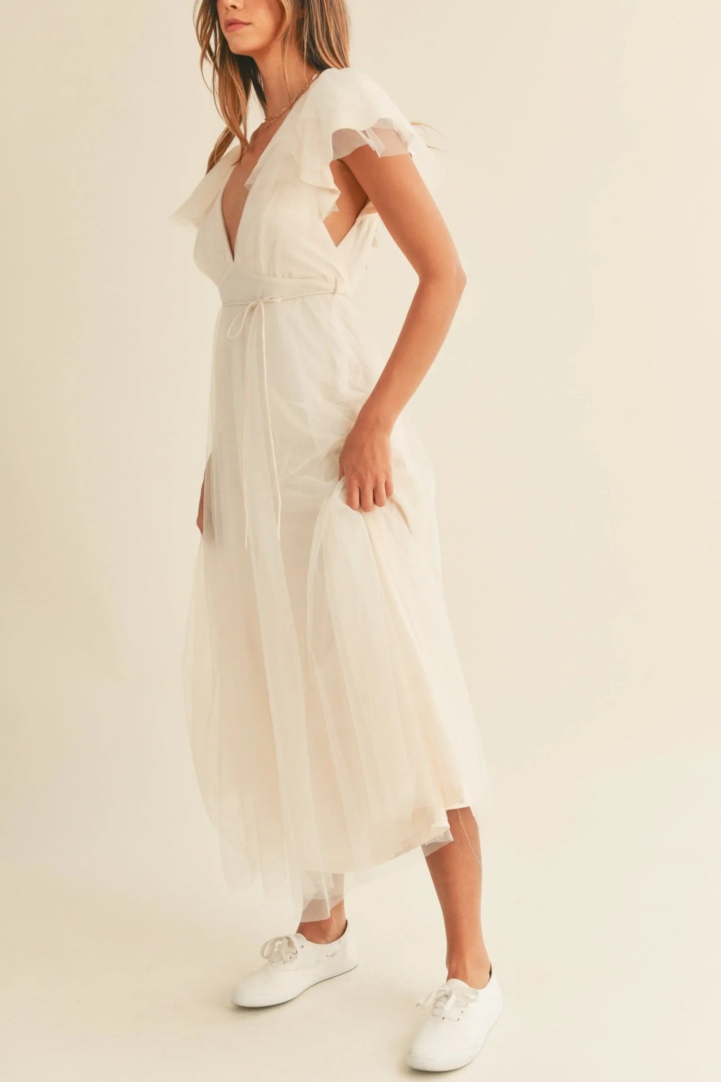 Tulle V-Neck Ruffle Flutter Sleeve Midi Dress — Playful Elegant Feminine Charming Style - Midi Dresses
