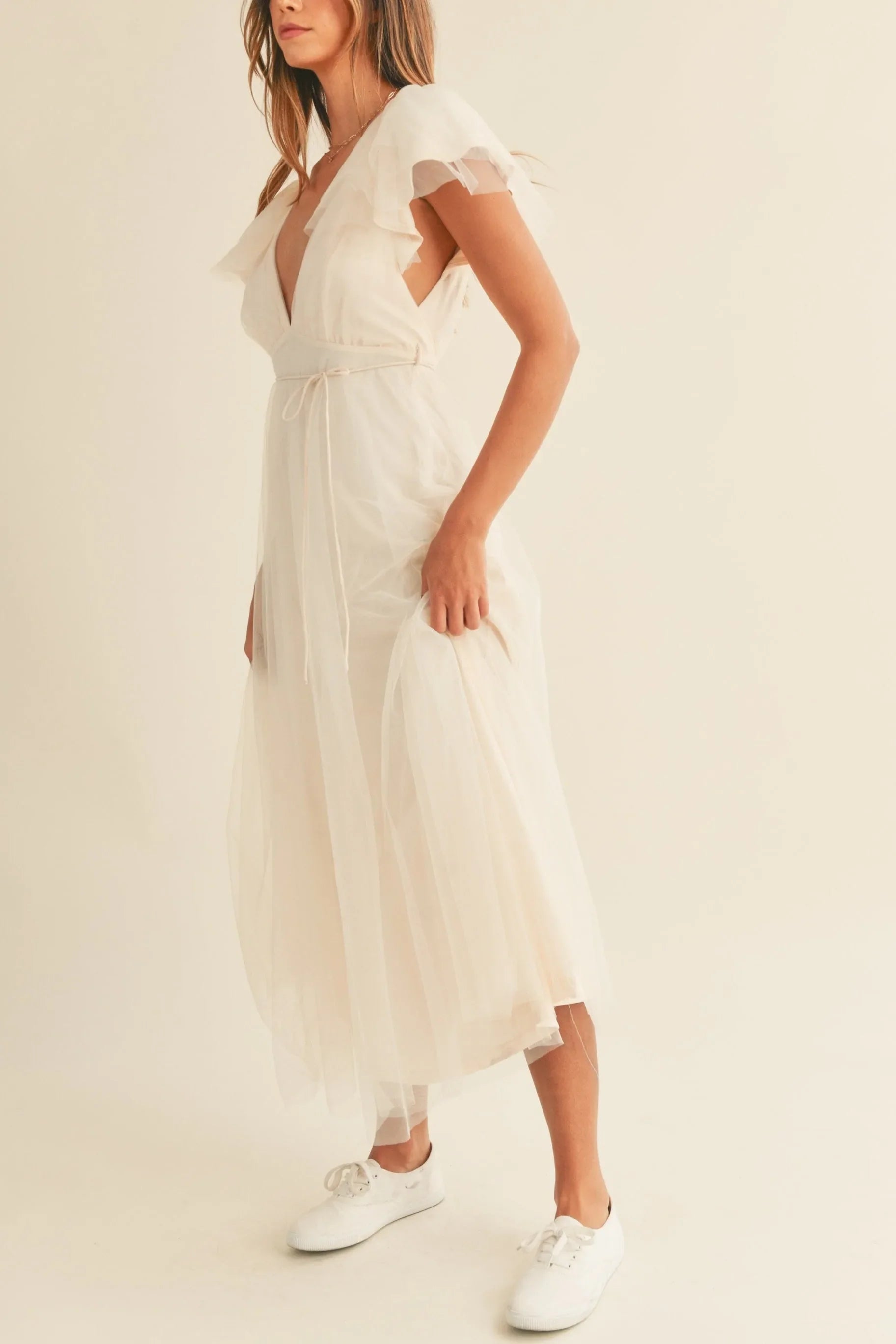 Tulle V-Neck Ruffle Flutter Sleeve Midi Dress — Playful Elegant Feminine Charming Style - Midi Dresses